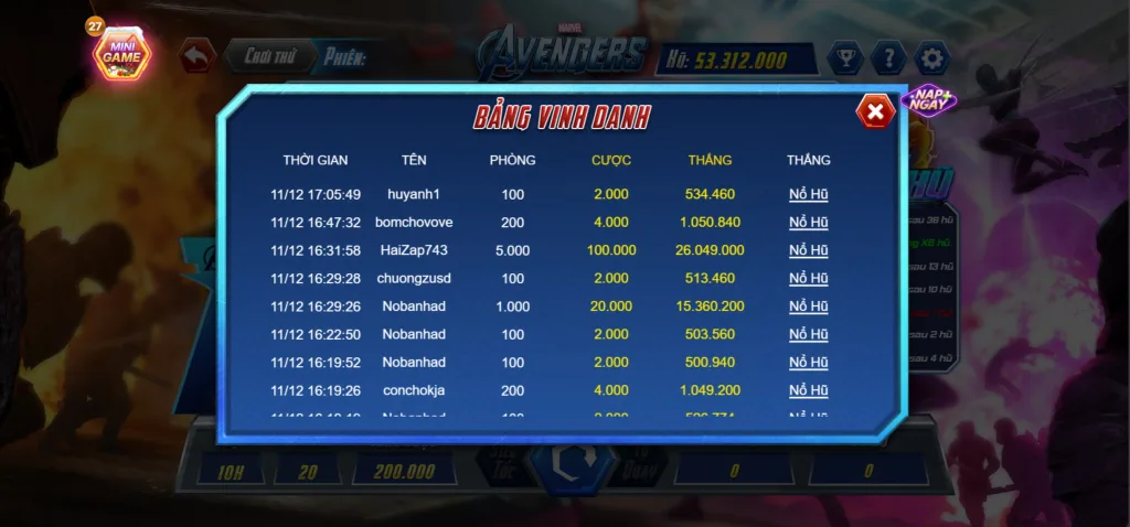 Bảng Xếp Hạng Avenger Betvip