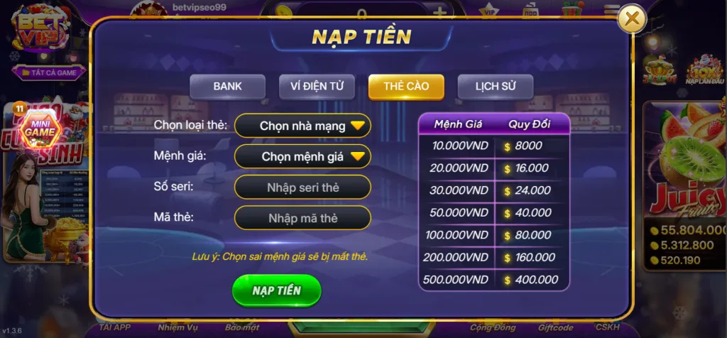 Nạp Tiền Betvip qua Thẻ Cào