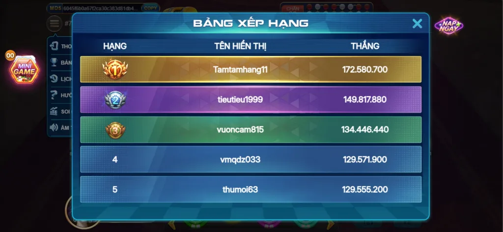 Bảng Xếp Hạng Xóc Đĩa Betvip